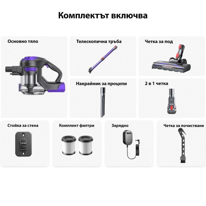Κάθετη ηλεκτρική σκούπα Yaber L10, 170 W, 0,6 λ, 80.000 σ.α.λ., 35 λεπτά, 2 επίπεδα ισχύος, HEPA, φωτισμός LED στη βούρτσα, Αυτοτελής, Μωβ/Γκρι