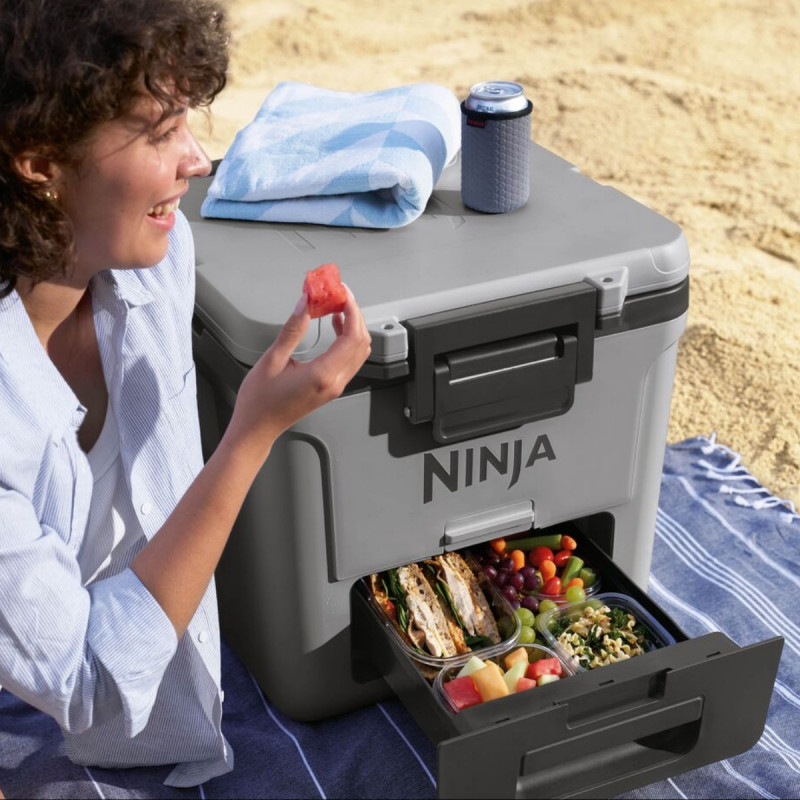 Ψυκτική θήκη Ninja FrostVault FB230EUGY, 28 λίτρα, Παθητική ψύξη, χωρητικότητα 48 κουτιών, Διατηρεί τον πάγο έως και 5 ημέρες, Ξηρό διαμέρισμα, Ρόδες, Γκρι