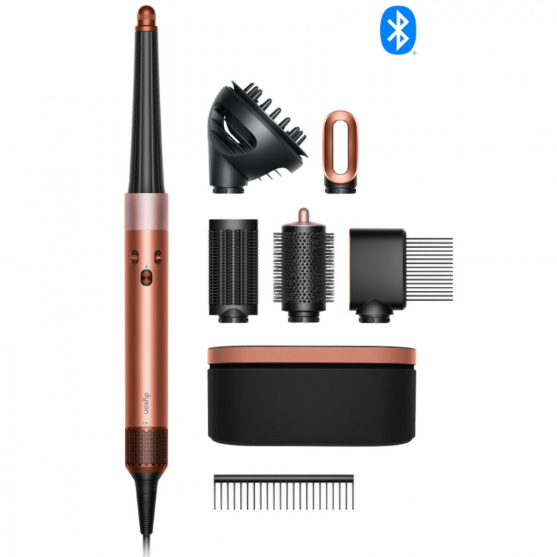 Σίδερο μαλλιών Dyson HS08 Airwrap i.d.™ Curly + Coily 142899-01 AmSi/PkCp, 1300 W, 13,5 l/s, Αυτόματη δημιουργία μπούκλων, Ιονισμός, 3 ταχύτητες, 3 θερμοκρασίες, Bluetooth, Κεχλιμπάρι/ροζ σαμπάνια