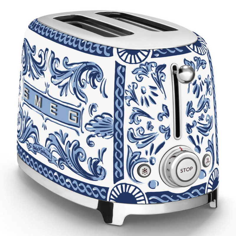 Τοστιέρα SMEG Dolce & Gabbana Blu Mediterraneo TSF01DGBEU, 950 W, 2 φέτες, 6 επίπεδα, Δοχείο για ψίχουλα, Ενσωματωμένο καλώδιο, Ανοξείδωτο ατσάλι, Μπλε