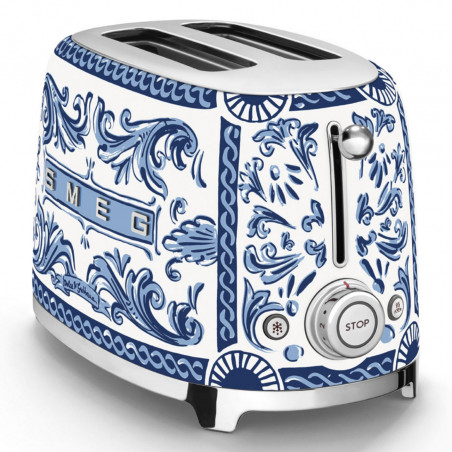 Τοστιέρα SMEG Dolce & Gabbana Blu Mediterraneo TSF01DGBEU, 950 W, 2 φέτες, 6 επίπεδα, Δοχείο για ψίχουλα, Ενσωματωμένο καλώδιο, Ανοξείδωτο ατσάλι, Μπλε