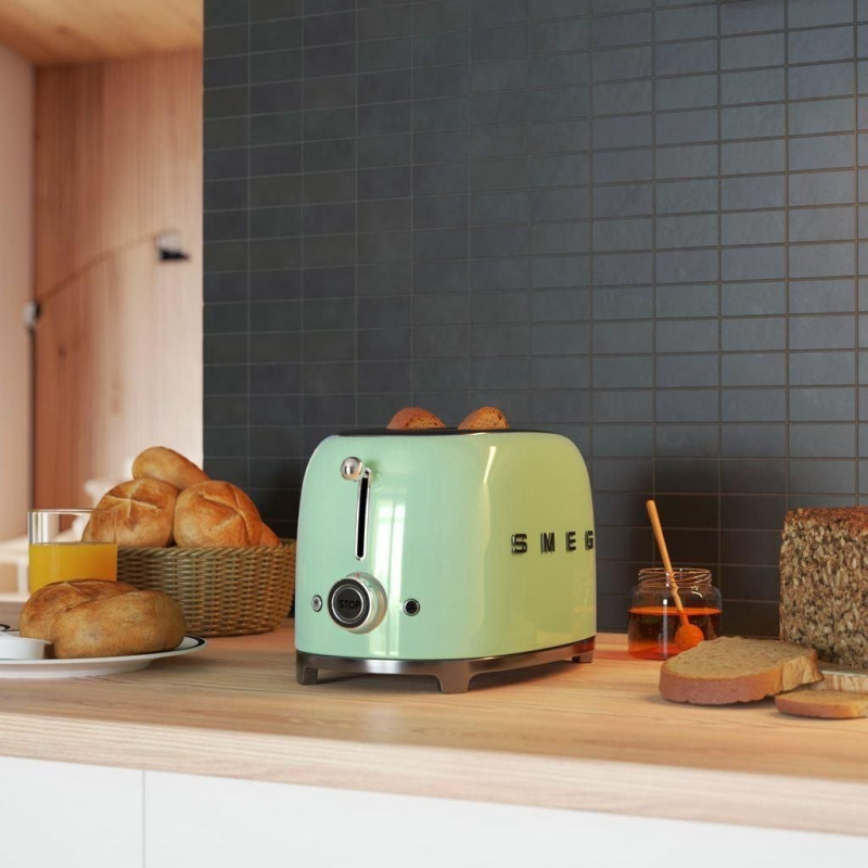 Τοστιέρα SMEG 50's Style TSF01PGEU, 950 W, 2 φέτες, 6 επίπεδα, Δίσκος για ψίχουλα, Ενσωματωμένο καλώδιο, Ανοξείδωτο ατσάλι, Πράσινο