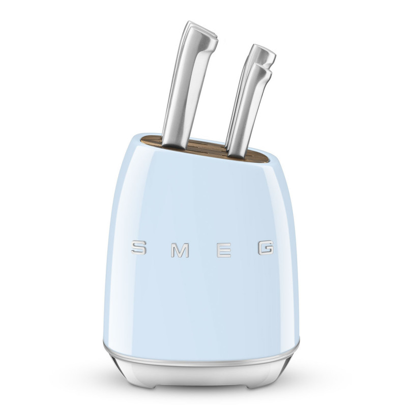 Σετ μαχαιριών με βάση SMEG KBSF02PB, 7 τεμάχια, Θήκες από ξύλο ακακίας, Γερμανικός ανοξείδωτος χάλυβας, Παστέλ μπλε