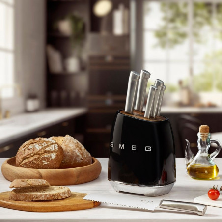 Σετ μαχαιριών με βάση SMEG KBSF02BL, 7 τεμάχια, Λαβές από ξύλο ακακίας, Γερμανικός ανοξείδωτος χάλυβας, Μαύρο