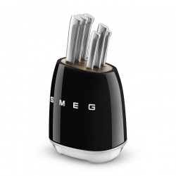 Σετ μαχαιριών με βάση SMEG KBSF02BL, 7 τεμάχια, Λαβές από ξύλο ακακίας, Γερμανικός ανοξείδωτος χάλυβας, Μαύρο