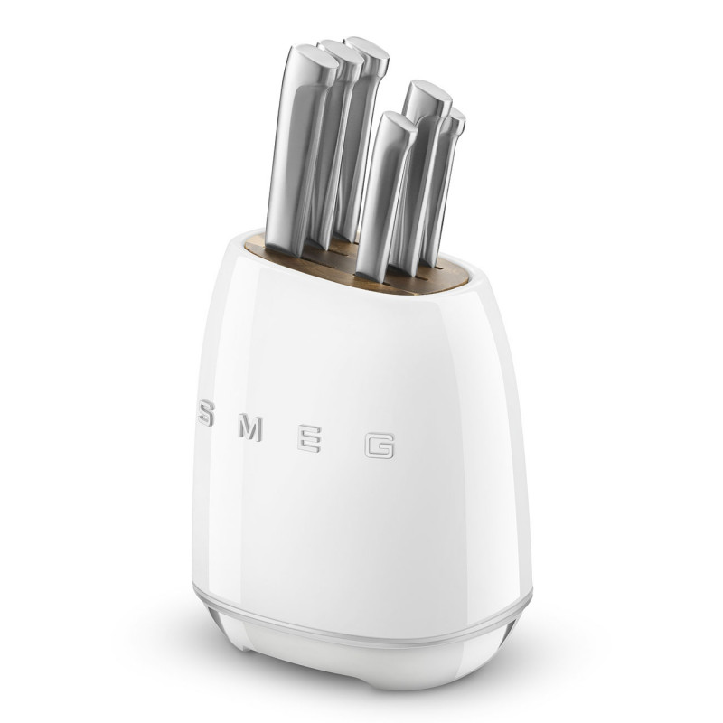 Σετ μαχαιριών με βάση SMEG KBSF02WH, 7 τεμάχια, Λαβές από ξύλο ακακίας, Γερμανικός ανοξείδωτος χάλυβας, Λευκό
