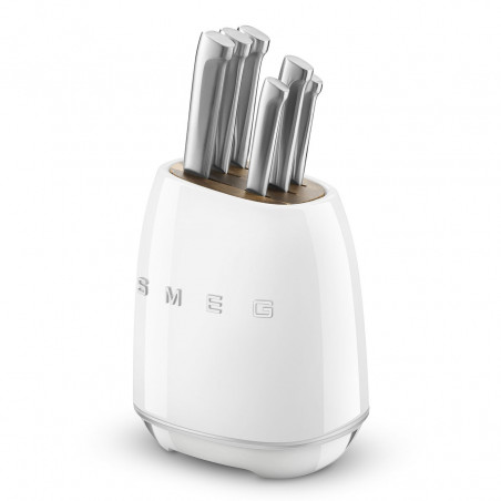 Σετ μαχαιριών με βάση SMEG KBSF02WH, 7 τεμάχια, Λαβές από ξύλο ακακίας, Γερμανικός ανοξείδωτος χάλυβας, Λευκό