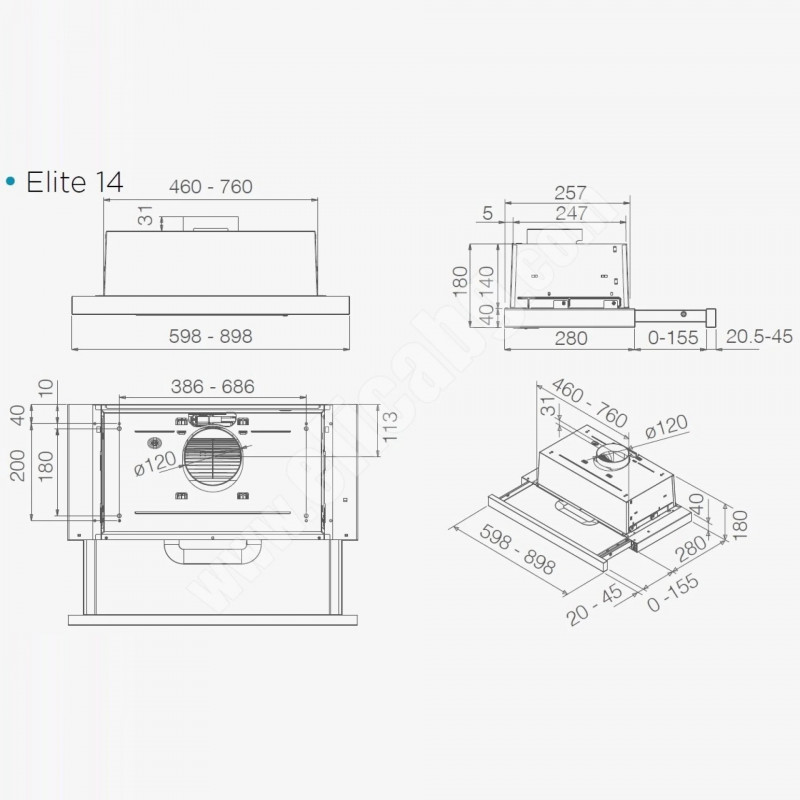 Εντοιχισμένος απορροφητήρας Elica Elite 14 Lux WH 60, 121 W, 60 εκ., Κατηγορία D, 304 μ³/ώρα, φωτισμός LED, Λευκό