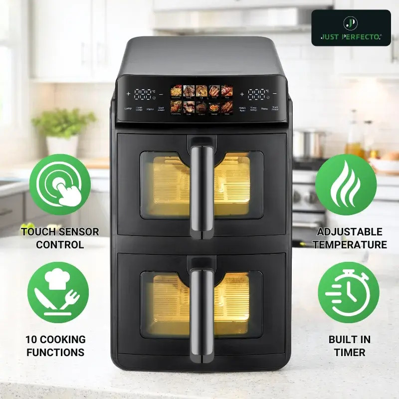 Διπλή φριτέζα με ζεστό αέρα Just Perfecto JP-AF10DB, 2600 W, 10 λίτρα, 10 προγράμματα, 80-200 °C, Rapid Hot Air Circulation, Συγχρονισμένο μαγείρεμα, Μαύρο