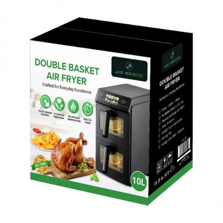 Διπλή φριτέζα με ζεστό αέρα Just Perfecto JP-AF10DB, 2600 W, 10 λίτρα, 10 προγράμματα, 80-200 °C, Rapid Hot Air Circulation, Συγχρονισμένο μαγείρεμα, Μαύρο