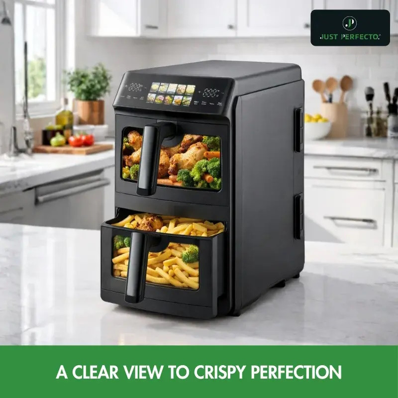 Διπλή φριτέζα με ζεστό αέρα Just Perfecto JP-AF10DB, 2600 W, 10 λίτρα, 10 προγράμματα, 80-200 °C, Rapid Hot Air Circulation, Συγχρονισμένο μαγείρεμα, Μαύρο