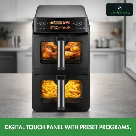 Διπλή φριτέζα με ζεστό αέρα Just Perfecto JP-AF10DB, 2600 W, 10 λίτρα, 10 προγράμματα, 80-200 °C, Rapid Hot Air Circulation, Συγχρονισμένο μαγείρεμα, Μαύρο