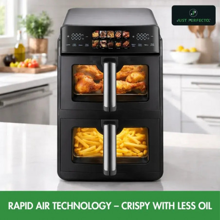Διπλή φριτέζα με ζεστό αέρα Just Perfecto JP-AF10DB, 2600 W, 10 λίτρα, 10 προγράμματα, 80-200 °C, Rapid Hot Air Circulation, Συγχρονισμένο μαγείρεμα, Μαύρο