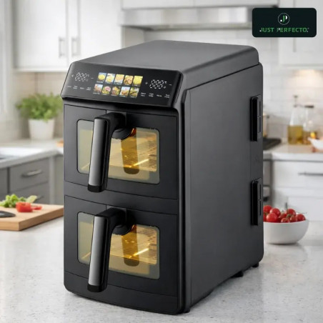 Διπλή φριτέζα με ζεστό αέρα Just Perfecto JP-AF10DB, 2600 W, 10 λίτρα, 10 προγράμματα, 80-200 °C, Rapid Hot Air Circulation, Συγχρονισμένο μαγείρεμα, Μαύρο