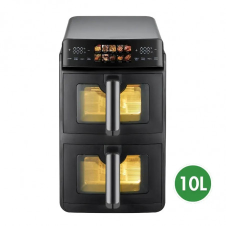Διπλή φριτέζα με ζεστό αέρα Just Perfecto JP-AF10DB, 2600 W, 10 λίτρα, 10 προγράμματα, 80-200 °C, Rapid Hot Air Circulation, Συγχρονισμένο μαγείρεμα, Μαύρο