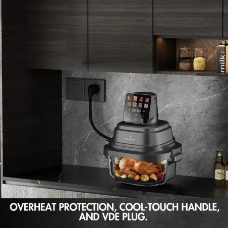 Φριτέζα με ζεστό αέρα Just Perfecto JP-AF4GL, 1500 W, 1,5/4 λίτρα, 8 προγράμματα, 80-200 °C, κυκλοφορία ζεστού αέρα 360°, θερμοανθεκτική γυάλινη κατασκευή, μαύρο