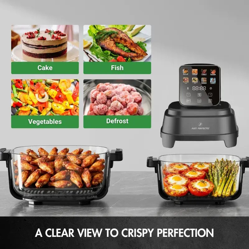 Φριτέζα με ζεστό αέρα Just Perfecto JP-AF4GL, 1500 W, 1,5/4 λίτρα, 8 προγράμματα, 80-200 °C, κυκλοφορία ζεστού αέρα 360°, θερμοανθεκτική γυάλινη κατασκευή, μαύρο