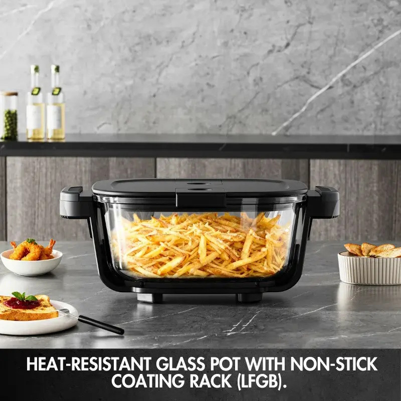 Φριτέζα με ζεστό αέρα Just Perfecto JP-AF4GL, 1500 W, 1,5/4 λίτρα, 8 προγράμματα, 80-200 °C, κυκλοφορία ζεστού αέρα 360°, θερμοανθεκτική γυάλινη κατασκευή, μαύρο