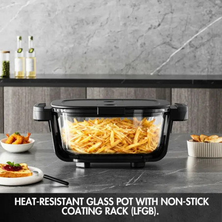 Φριτέζα με ζεστό αέρα Just Perfecto JP-AF4GL, 1500 W, 1,5/4 λίτρα, 8 προγράμματα, 80-200 °C, κυκλοφορία ζεστού αέρα 360°, θερμοανθεκτική γυάλινη κατασκευή, μαύρο