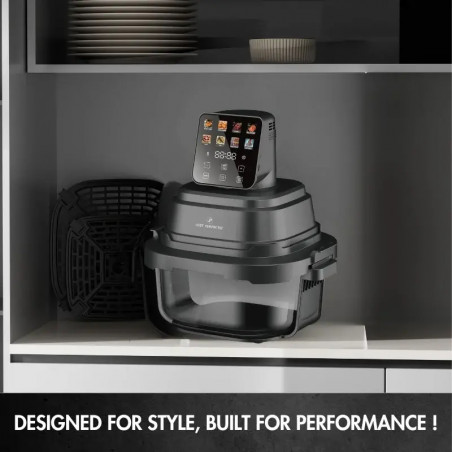 Φριτέζα με ζεστό αέρα Just Perfecto JP-AF4GL, 1500 W, 1,5/4 λίτρα, 8 προγράμματα, 80-200 °C, κυκλοφορία ζεστού αέρα 360°, θερμοανθεκτική γυάλινη κατασκευή, μαύρο