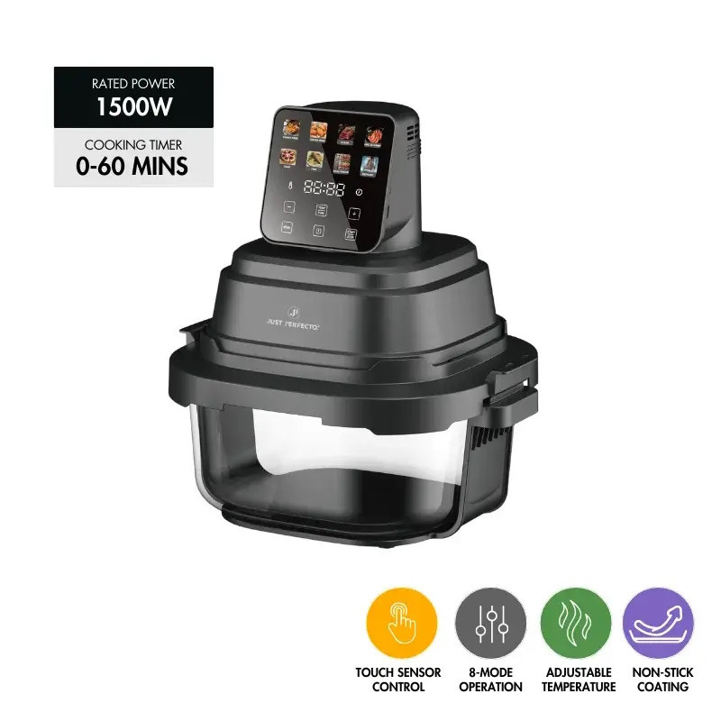 Φριτέζα με ζεστό αέρα Just Perfecto JP-AF4GL, 1500 W, 1,5/4 λίτρα, 8 προγράμματα, 80-200 °C, κυκλοφορία ζεστού αέρα 360°, θερμοανθεκτική γυάλινη κατασκευή, μαύρο