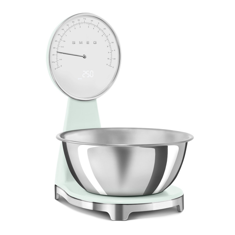 Ζυγός κουζίνας Smeg KSF01PGWW, Αναλογική και ψηφιακή οθόνη, Έως 5 kg/5 l, ΤΑΡΑ, Οθόνη LED, Αντιολισθητική βάση, Αυτονομία έως 36 ώρες, Παστέλ πράσινο