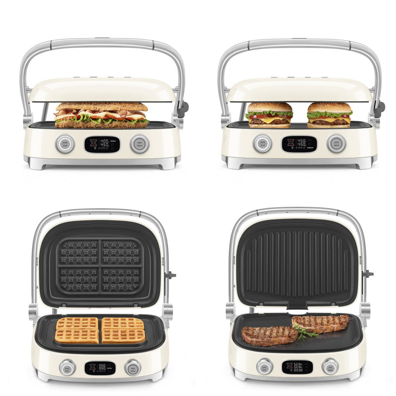 Πολυλειτουργική ψησταριά SMEG 50's Style MGF01CREU, 2100 W, 60-230 °C, 3 προγράμματα, κεραμική επίστρωση, δίσκος συλλογής λιπαρών, ηχητική ειδοποίηση, χρονοδιακόπτης, κρεμ