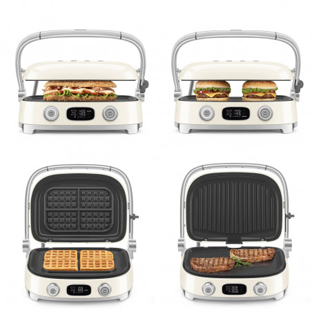 Πολυλειτουργική ψησταριά SMEG 50's Style MGF01CREU, 2100 W, 60-230 °C, 3 προγράμματα, κεραμική επίστρωση, δίσκος συλλογής λιπαρών, ηχητική ειδοποίηση, χρονοδιακόπτης, κρεμ