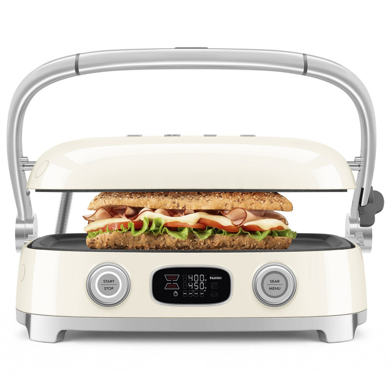 Πολυλειτουργική ψησταριά SMEG 50's Style MGF01CREU, 2100 W, 60-230 °C, 3 προγράμματα, κεραμική επίστρωση, δίσκος συλλογής λιπαρών, ηχητική ειδοποίηση, χρονοδιακόπτης, κρεμ