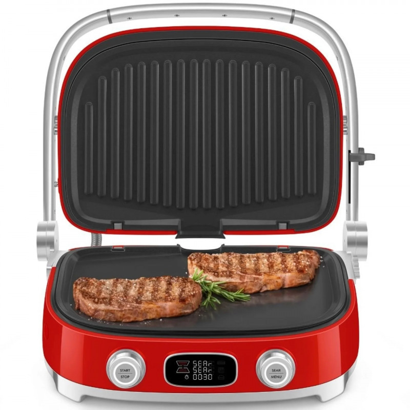 Πολυλειτουργική ψησταριά SMEG 50's Style MGF01RDEU, 2100 W, 60-230 °C, 3 προγράμματα, κεραμική επίστρωση, δίσκος αποστράγγισης, ηχητική ειδοποίηση, χρονοδιακόπτης, κόκκινο