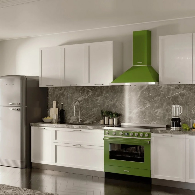Απορροφητήρας SMEG Portofino KPF9OG, 275 W, Α+, 781 μ³/ώρα, 3 ταχύτητες, 3 φίλτρα, βαλβίδα αντεπιστροφής, ανοξείδωτο, LED, πράσινο