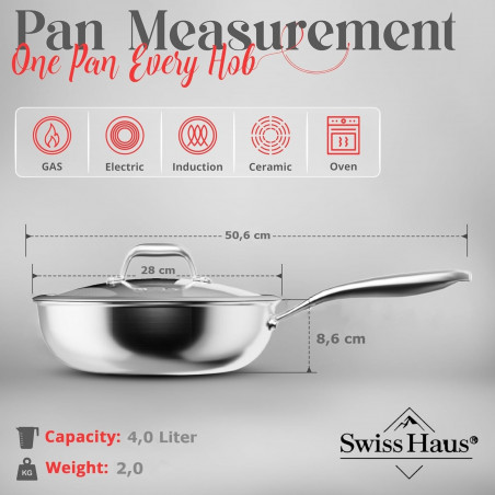 Τηγάνι Swiss Haus SH-ZGW28, 28x9 εκ., 4 λίτρα, κεραμική επίστρωση Sapphire, γυάλινο καπάκι, κατάλληλο για φούρνο έως 260 °C, κατάλληλο για επαγωγικές εστίες, ασημί