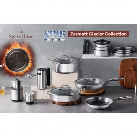 Τηγάνι Swiss Haus SH-ZGW28, 28x9 εκ., 4 λίτρα, κεραμική επίστρωση Sapphire, γυάλινο καπάκι, κατάλληλο για φούρνο έως 260 °C, κατάλληλο για επαγωγικές εστίες, ασημί