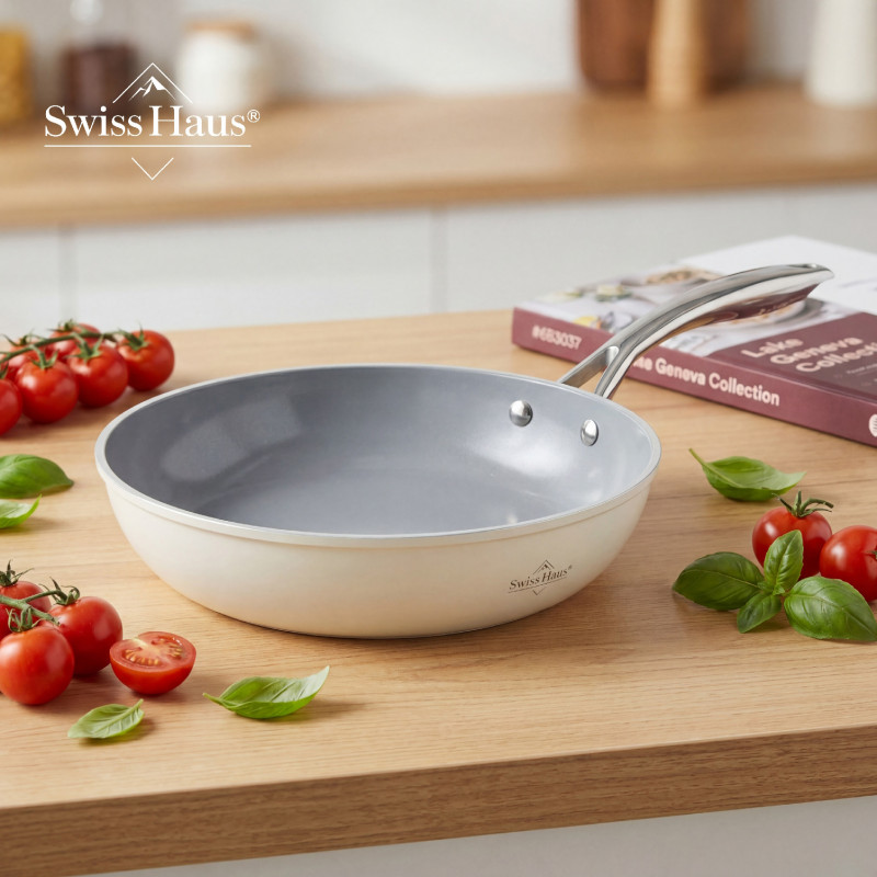 Σετ κατσαρόλες Swiss Haus SH-CC4014CR, 14 τεμάχια, κεραμικό φινίρισμα Sapphire, κατάλληλο για επαγωγικές εστίες, κατάλληλο για φούρνο έως 220 °C, χωρίς PFAS, κρεμ γυαλιστερό φινίρισμα