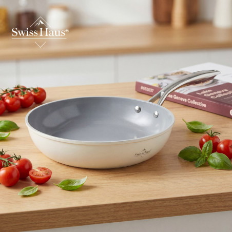 Σετ κατσαρόλες Swiss Haus SH-CC4014CR, 14 τεμάχια, κεραμικό φινίρισμα Sapphire, κατάλληλο για επαγωγικές εστίες, κατάλληλο για φούρνο έως 220 °C, χωρίς PFAS, κρεμ γυαλιστερό φινίρισμα