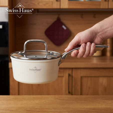 Σετ κατσαρόλες Swiss Haus SH-CC4014CR, 14 τεμάχια, κεραμικό φινίρισμα Sapphire, κατάλληλο για επαγωγικές εστίες, κατάλληλο για φούρνο έως 220 °C, χωρίς PFAS, κρεμ γυαλιστερό φινίρισμα