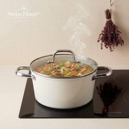 Σετ κατσαρόλες Swiss Haus SH-CC4014CR, 14 τεμάχια, κεραμικό φινίρισμα Sapphire, κατάλληλο για επαγωγικές εστίες, κατάλληλο για φούρνο έως 220 °C, χωρίς PFAS, κρεμ γυαλιστερό φινίρισμα