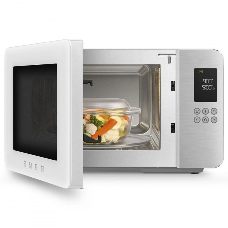 Φούρνος μικροκυμάτων με γκριλ 4 σε 1 SMEG Collezione MOC01WHMEU, 1900 W, 29 λίτρα, 18 προγράμματα, Ομαλό κλείσιμο, Ηχητική ειδοποίηση, Οθόνη LCD, Λευκό ματ