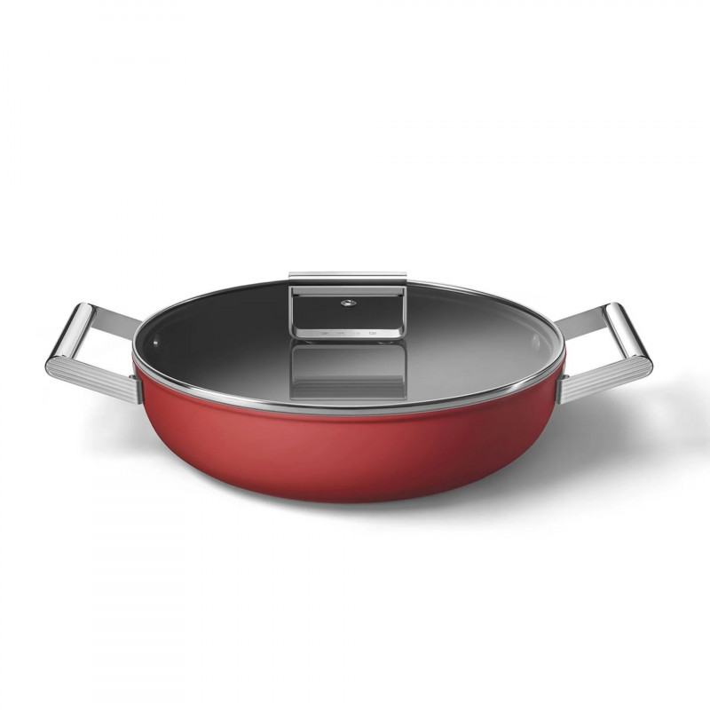 Ρηχή κατσαρόλα με καπάκι Smeg CKFD2811RDM, 28 εκ., 3,7 λίτρα, Αντικολλητική επίστρωση 3 στρωμάτων, Κατάλληλη για φούρνο έως 250 °C, Χωρίς PFAS, Κατάλληλη για επαγωγικές εστίες, Κόκκινη