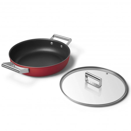 Ρηχή κατσαρόλα με καπάκι Smeg CKFD2811RDM, 28 εκ., 3,7 λίτρα, Αντικολλητική επίστρωση 3 στρωμάτων, Κατάλληλη για φούρνο έως 250 °C, Χωρίς PFAS, Κατάλληλη για επαγωγικές εστίες, Κόκκινη