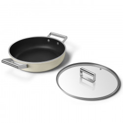 Ρηχή κατσαρόλα με καπάκι Smeg DPF2812CRM, 28 εκ., 4,3 λίτρα, κεραμική αντικολλητική επίστρωση, κατάλληλη για φούρνο έως 250 °C, χωρίς PFAS, κατάλληλη για επαγωγικές εστίες, κρεμ