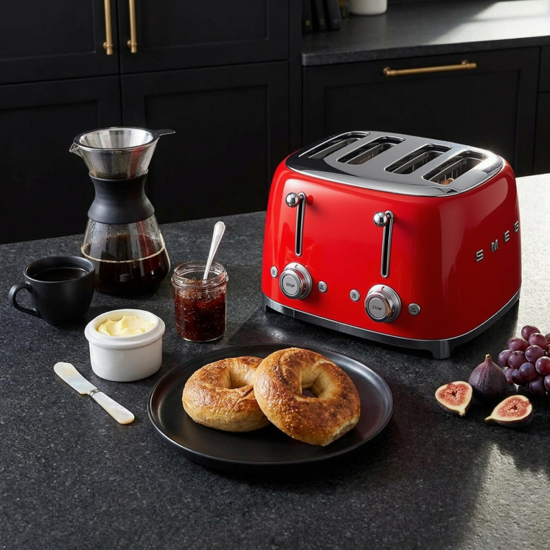 Τοστιέρα SMEG 50's Style TSF03RDEU, 2000 W, 4 φέτες, 6 επίπεδα, Δίσκος για ψίχουλα, Ενσωματωμένο καλώδιο, Ανοξείδωτο ατσάλι, Κόκκινο