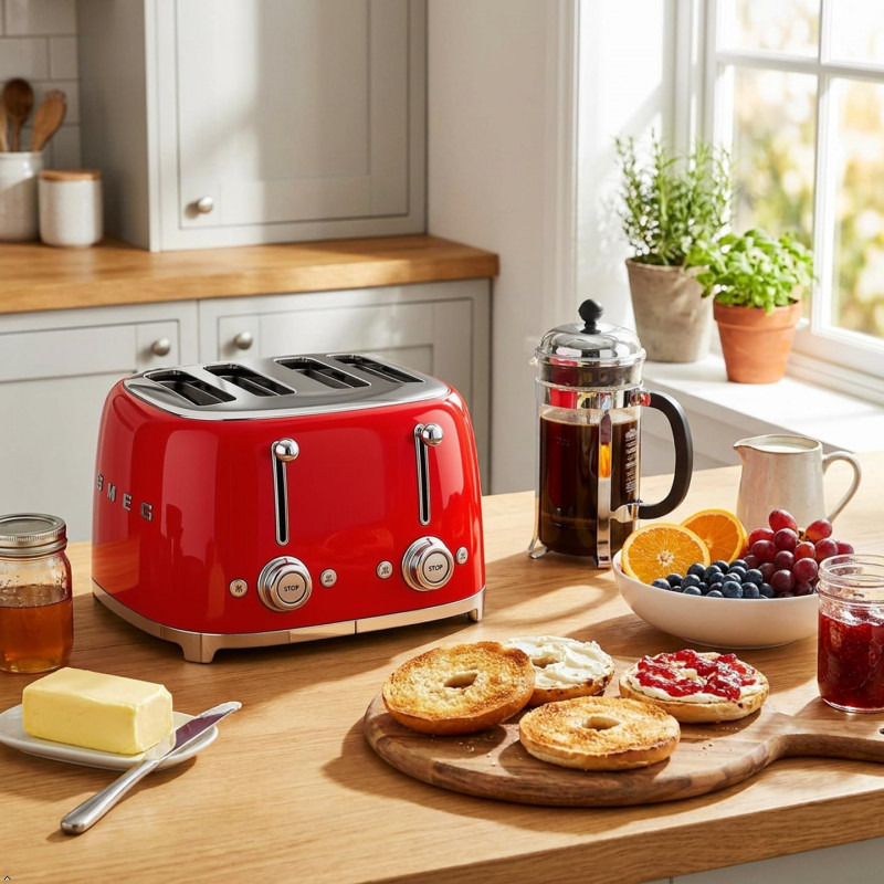 Τοστιέρα SMEG 50's Style TSF03RDEU, 2000 W, 4 φέτες, 6 επίπεδα, Δίσκος για ψίχουλα, Ενσωματωμένο καλώδιο, Ανοξείδωτο ατσάλι, Κόκκινο