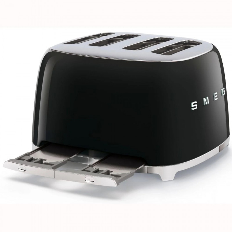 Τοστιέρα SMEG 50's Style TSF03BLEU, 2000 W, 4 φέτες, 6 επίπεδα, Δίσκος για ψίχουλα, Ενσωματωμένο καλώδιο, Ανοξείδωτο ατσάλι, Μαύρο