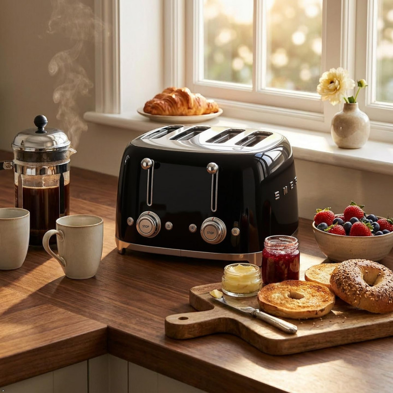 Τοστιέρα SMEG 50's Style TSF03BLEU, 2000 W, 4 φέτες, 6 επίπεδα, Δίσκος για ψίχουλα, Ενσωματωμένο καλώδιο, Ανοξείδωτο ατσάλι, Μαύρο