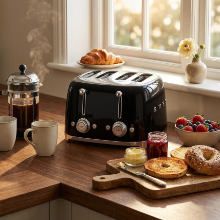 Τοστιέρα SMEG 50's Style TSF03BLEU, 2000 W, 4 φέτες, 6 επίπεδα, Δίσκος για ψίχουλα, Ενσωματωμένο καλώδιο, Ανοξείδωτο ατσάλι, Μαύρο