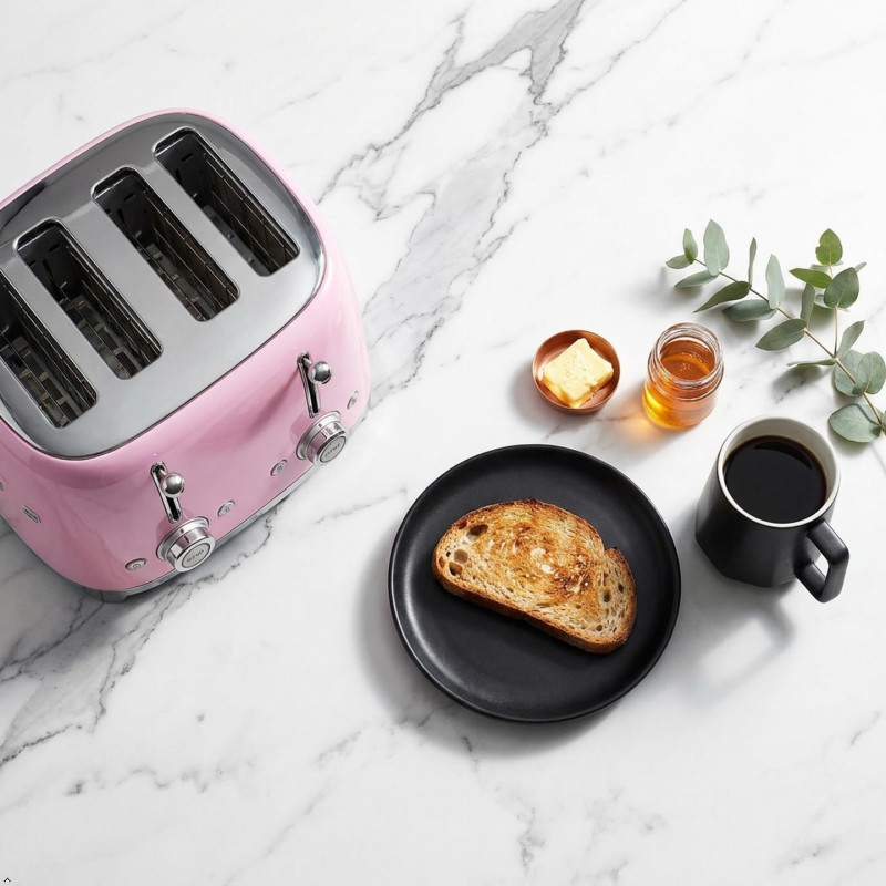 Τοστιέρα SMEG 50's Style TSF03PKEU, 2000 W, 4 φέτες, 6 επίπεδα, Δίσκος για ψίχουλα, Ενσωματωμένο καλώδιο, Ανοξείδωτο ατσάλι, Ροζ
