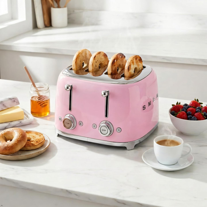 Τοστιέρα SMEG 50's Style TSF03PKEU, 2000 W, 4 φέτες, 6 επίπεδα, Δίσκος για ψίχουλα, Ενσωματωμένο καλώδιο, Ανοξείδωτο ατσάλι, Ροζ
