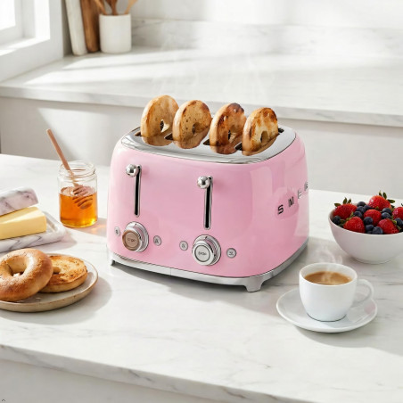 Τοστιέρα SMEG 50's Style TSF03PKEU, 2000 W, 4 φέτες, 6 επίπεδα, Δίσκος για ψίχουλα, Ενσωματωμένο καλώδιο, Ανοξείδωτο ατσάλι, Ροζ