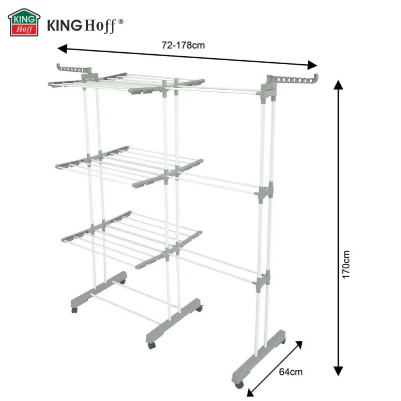 Στεγνωτήριο ρούχων Kinghoff KH 2044, 30 μ., έως 30 κιλά, 3 επίπεδα, ροδάκια, χάλυβας, λευκό/γκρι